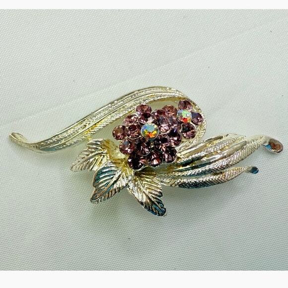 Vintage 1960s Juliana D&E Amethyst & AB Rhinestone Floral Spray Brooch - Picture 2 of 9